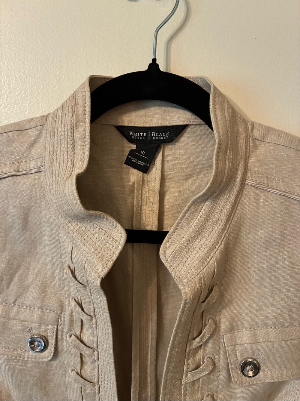 White House Black Market Linen Military Style Blazer Jacket 3/4 Sleeve Beige Tan - Picture 4 of 12